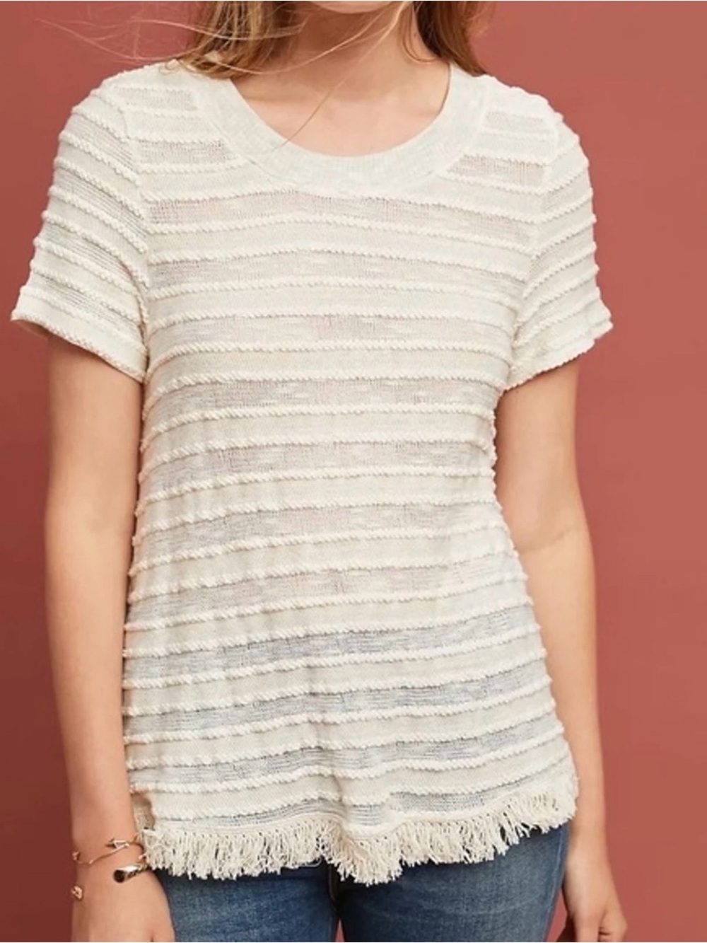 Anthropologie Eri + Ali Boho Fringe Sheer Shirt Sz L Cream Top Butter Mom
